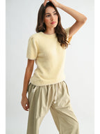 Soft Fuzzy Knit Short Sleeve Sweater Top - Yellow