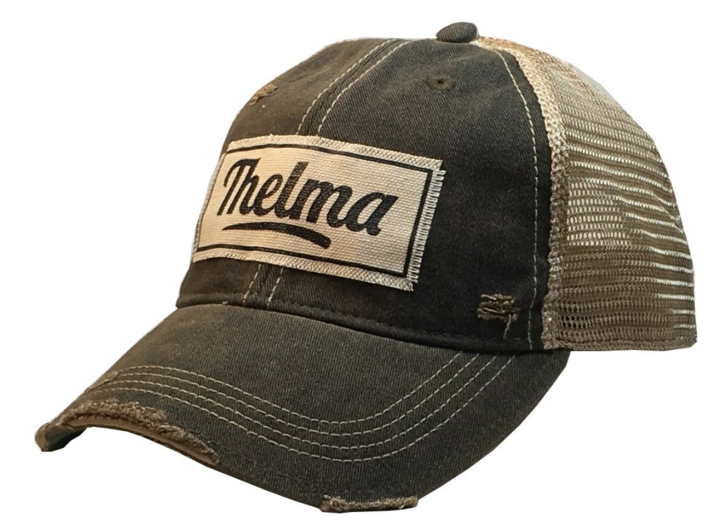 "Thelma" Distressed Trucker Cap in Black