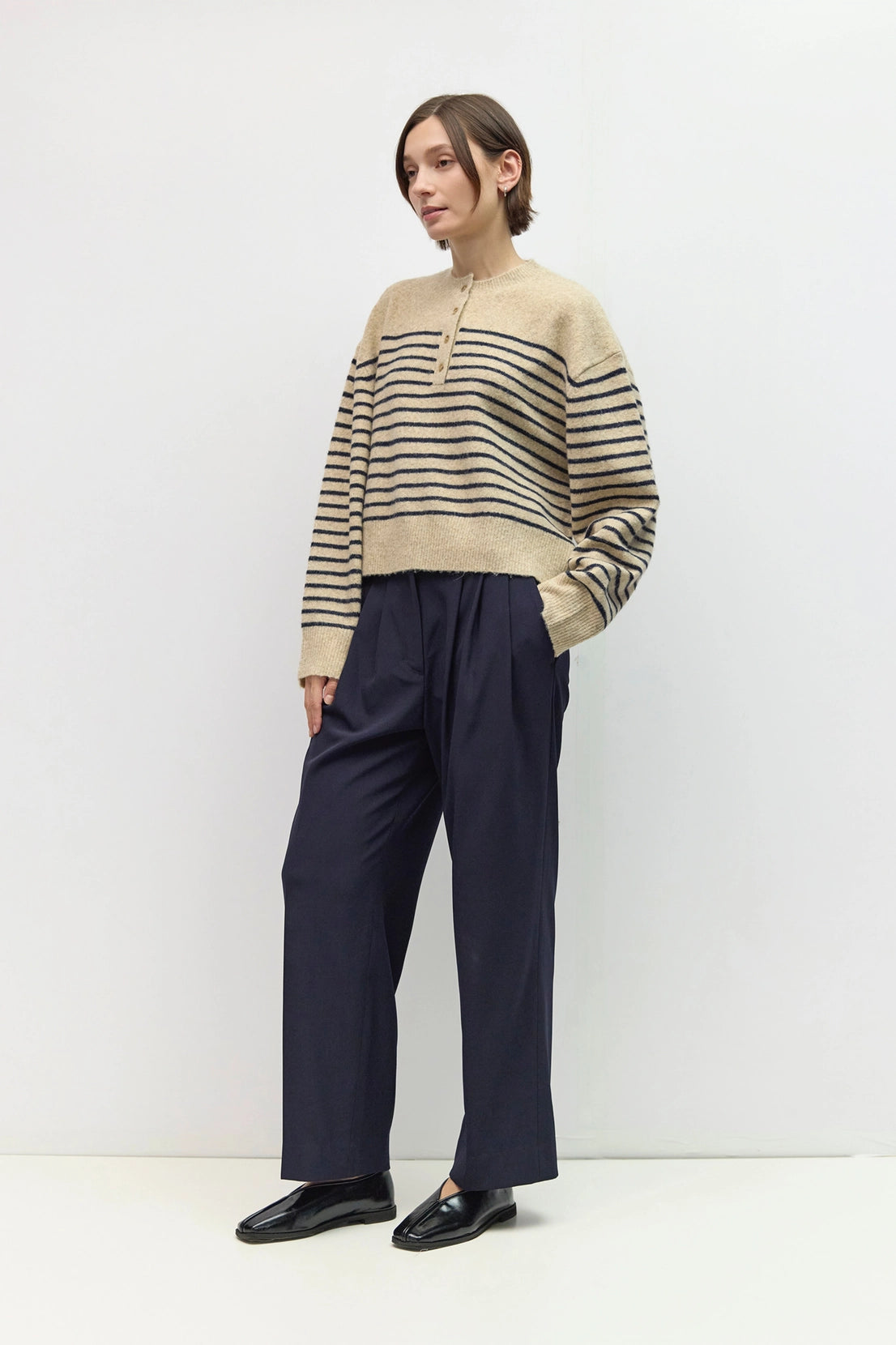 Button Down Striped Sweater, Oatmeal/Black