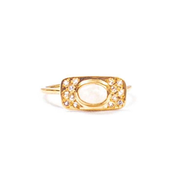 Gold Plated Rainbow Moonstone and Small White Topaz Plate Ring
