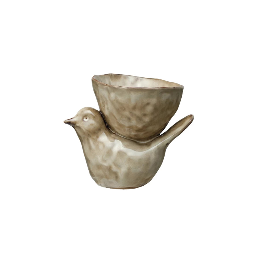 Stoneware Bird w/ Bowl, Cream