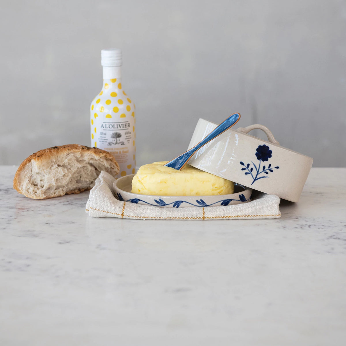 Hand-Painted Stoneware Butter Dish w Flower