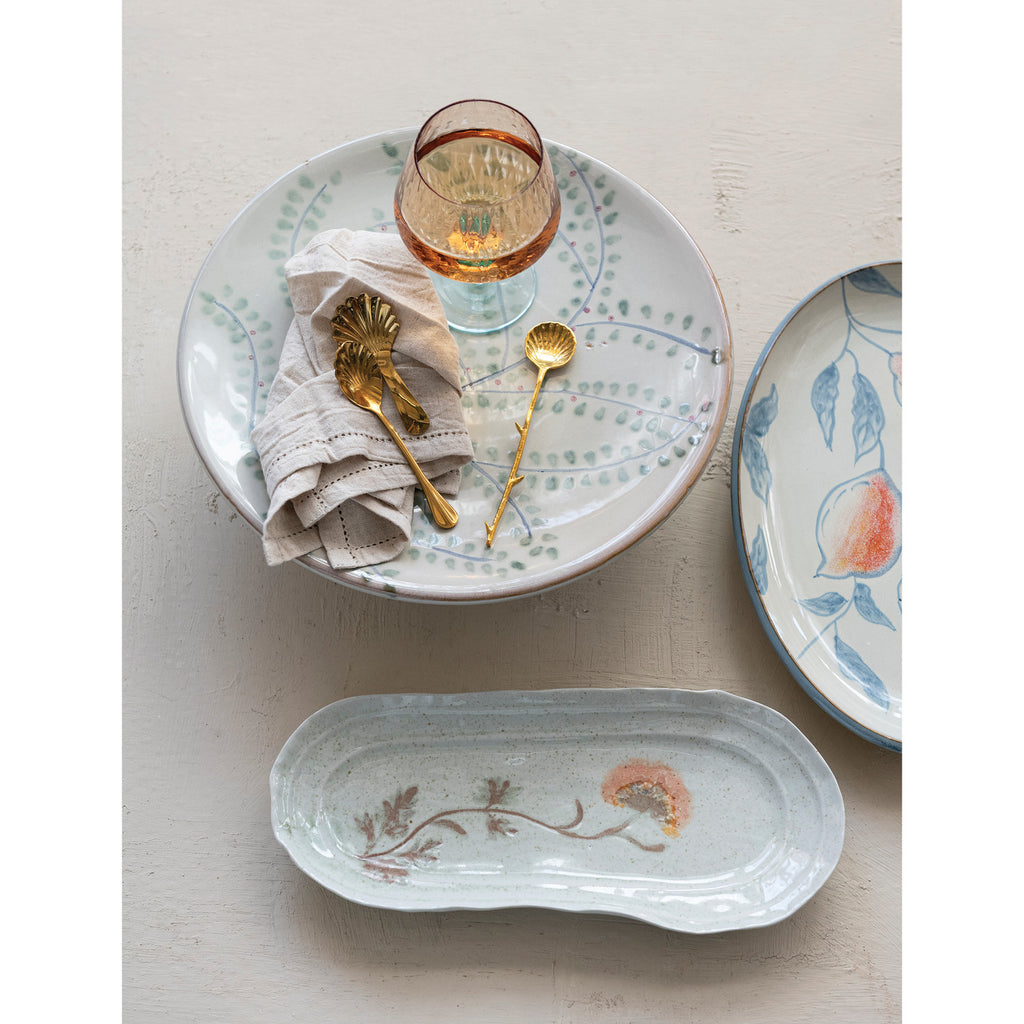 Hand-Painted Stoneware Platter with Flowers