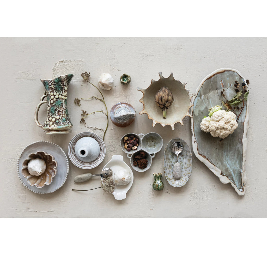 Stoneware Multi Bowl with 3 Sections - Cream and Green
