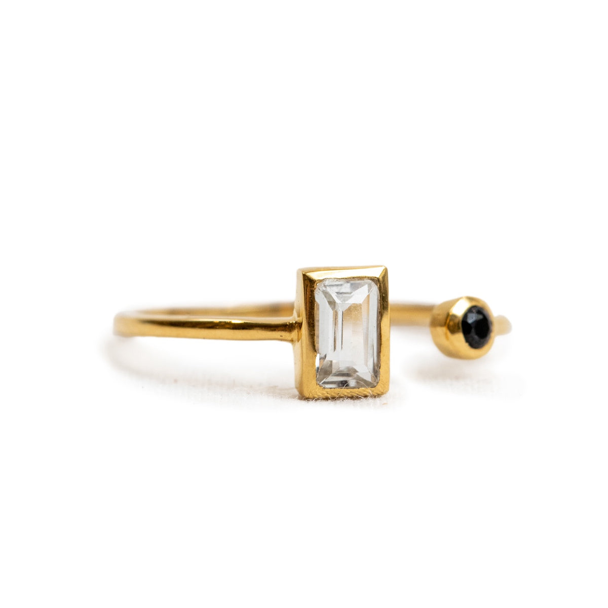 Gold Plated Brass Rectangle White Topaz and Black Spinel Dual Ring Adjustable