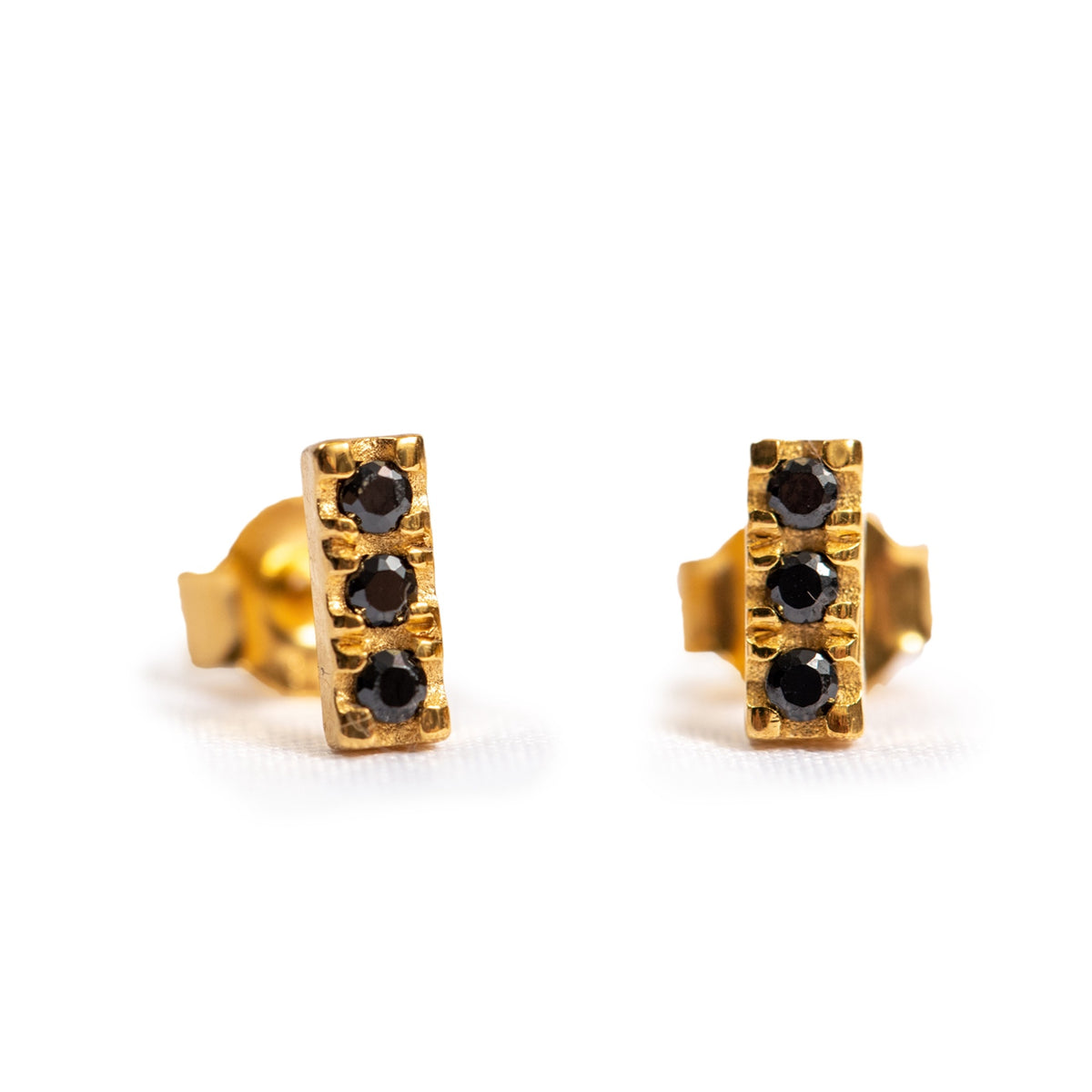 ***Mini Gold Plated Brass Bar Studs with 3 Black Spinel