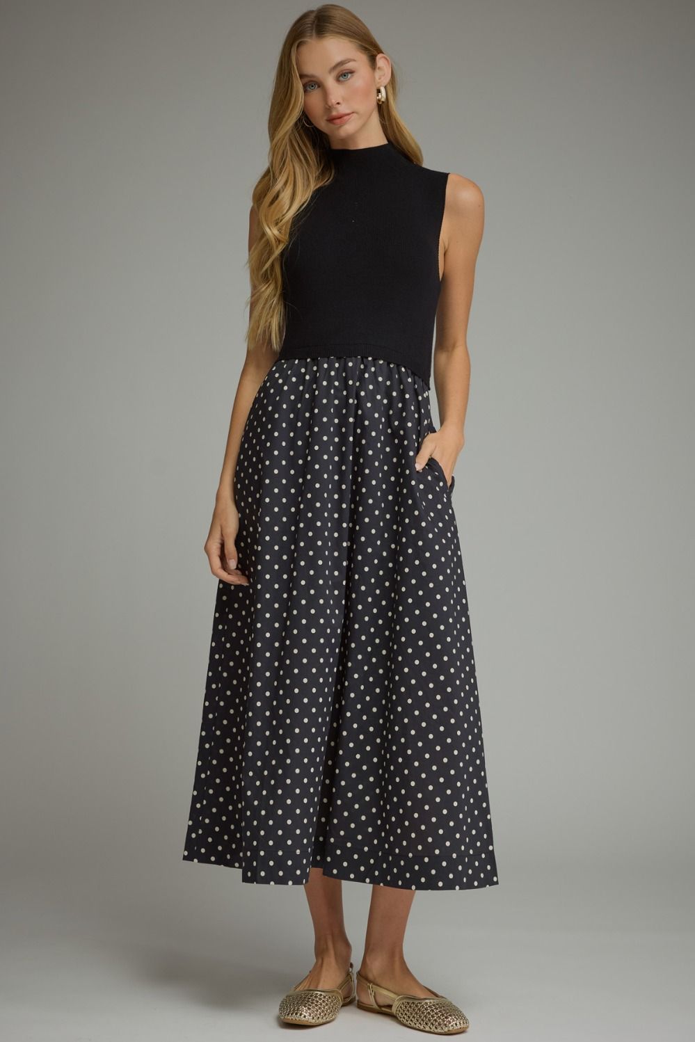 Polka Dot Sleeveless Midi Dress with Knit Bodice