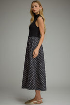 Polka Dot Sleeveless Midi Dress with Knit Bodice