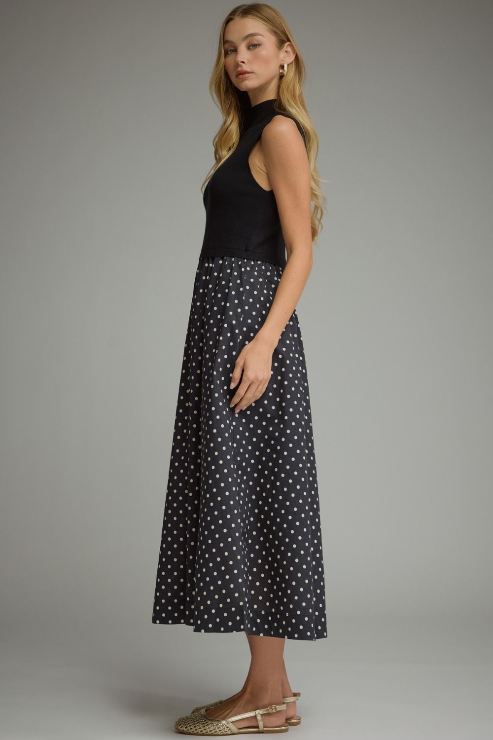Polka Dot Sleeveless Midi Dress with Knit Bodice