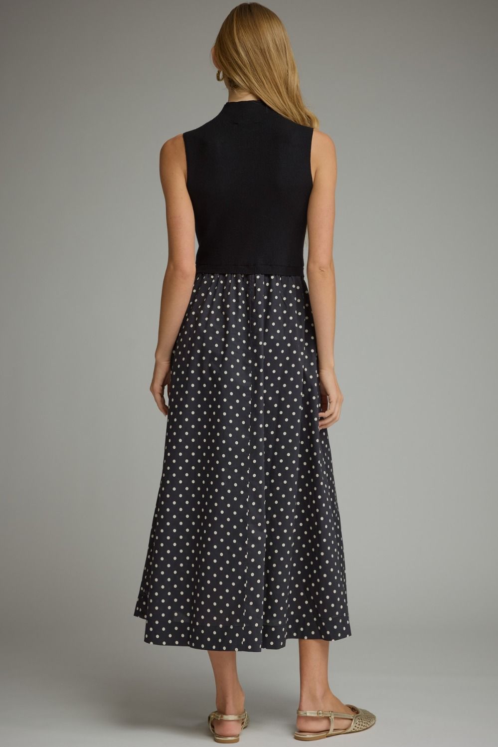 Polka Dot Sleeveless Midi Dress with Knit Bodice