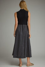 Polka Dot Sleeveless Midi Dress with Knit Bodice