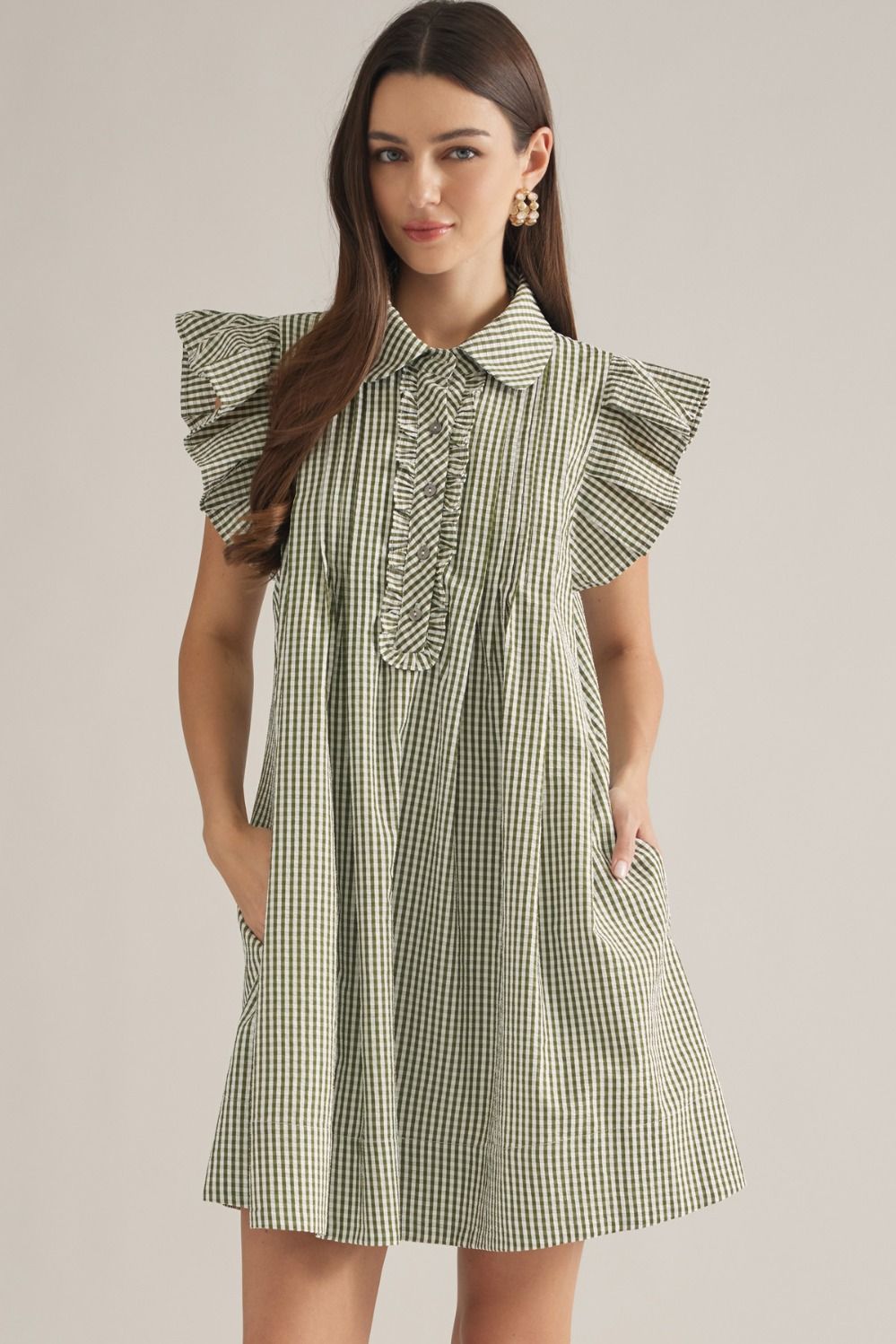 Gingham Ruffle Sleeve Mini Dress