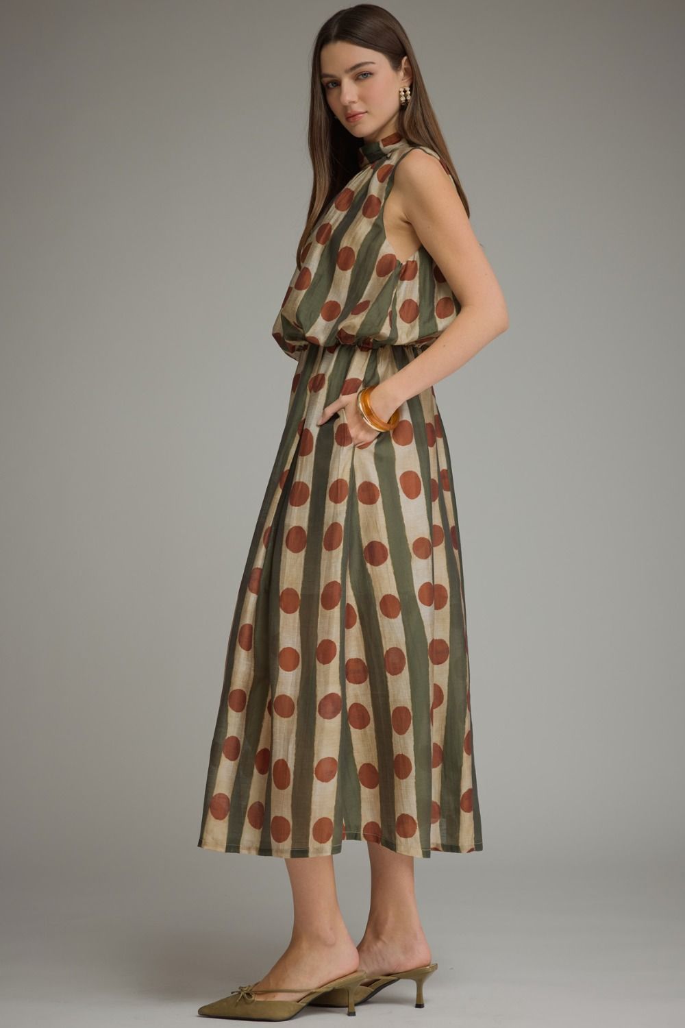 Printed Sleeveless Midi Dress with High Neck