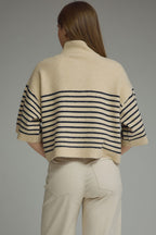 Striped Short Sleeve Knit Top with Mock Neck