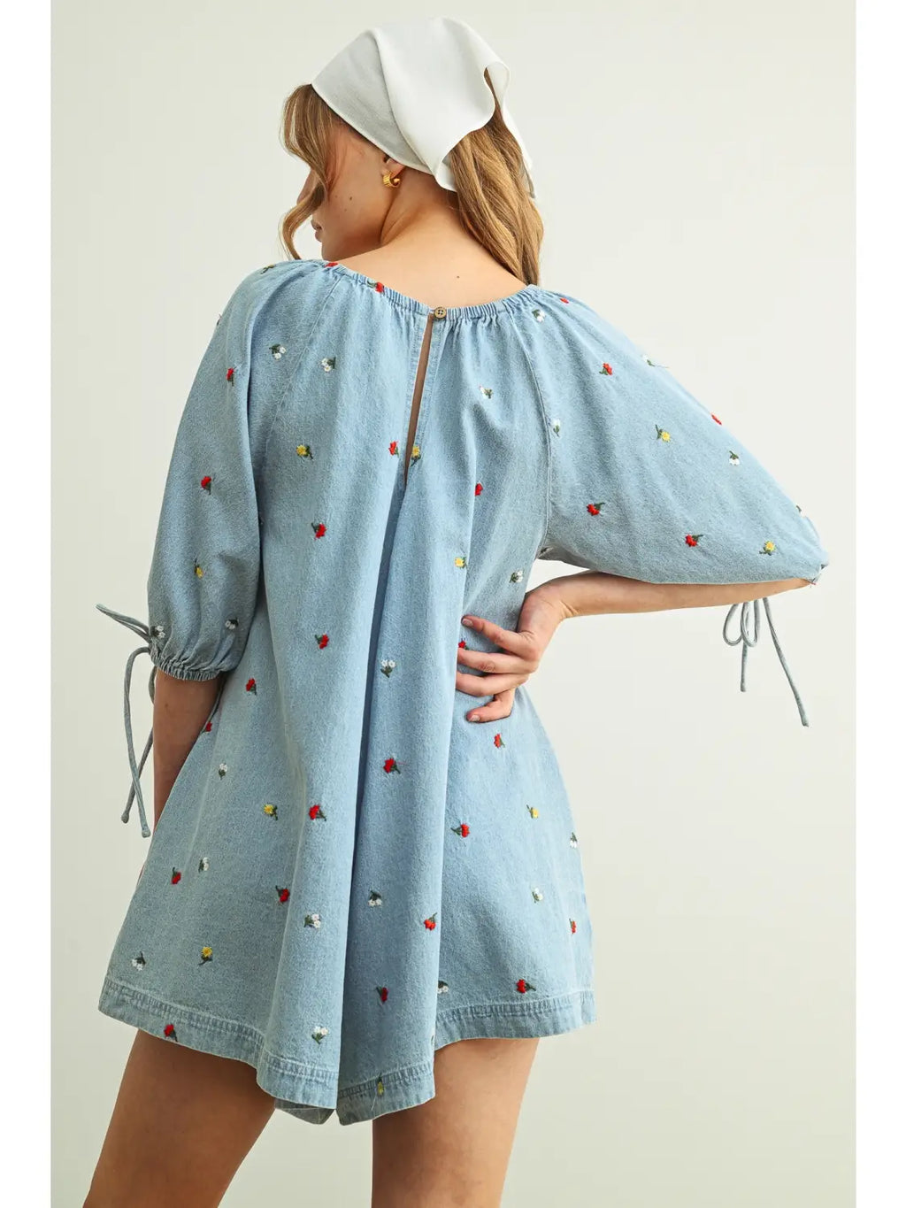 Embroidered Denim Romper with 3/4 Sleeve