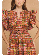 Flutter Sleeve Peplum Printed Midi Dress