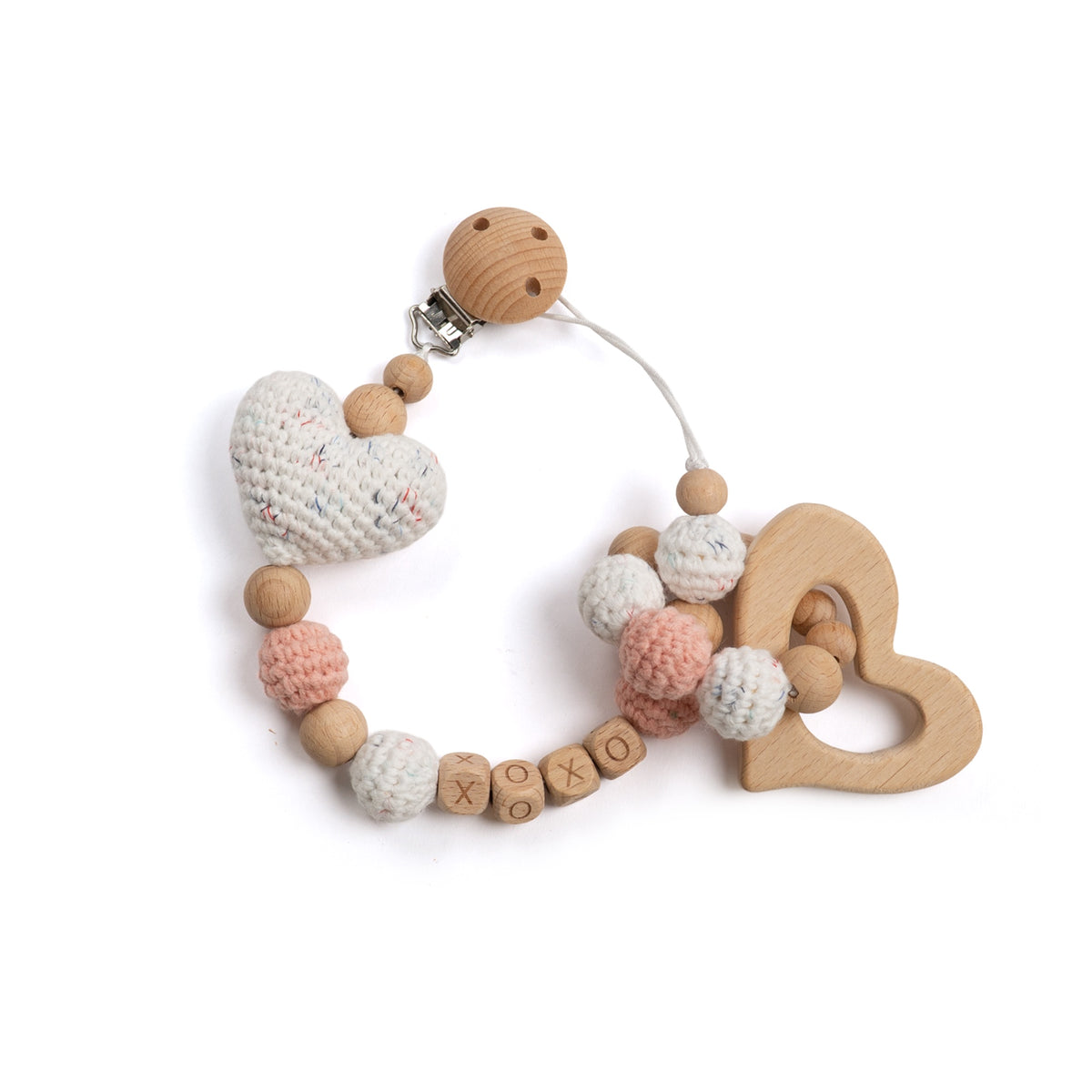 "XOXO" Heart Crochet Paci Clip & Teething Ring Duo