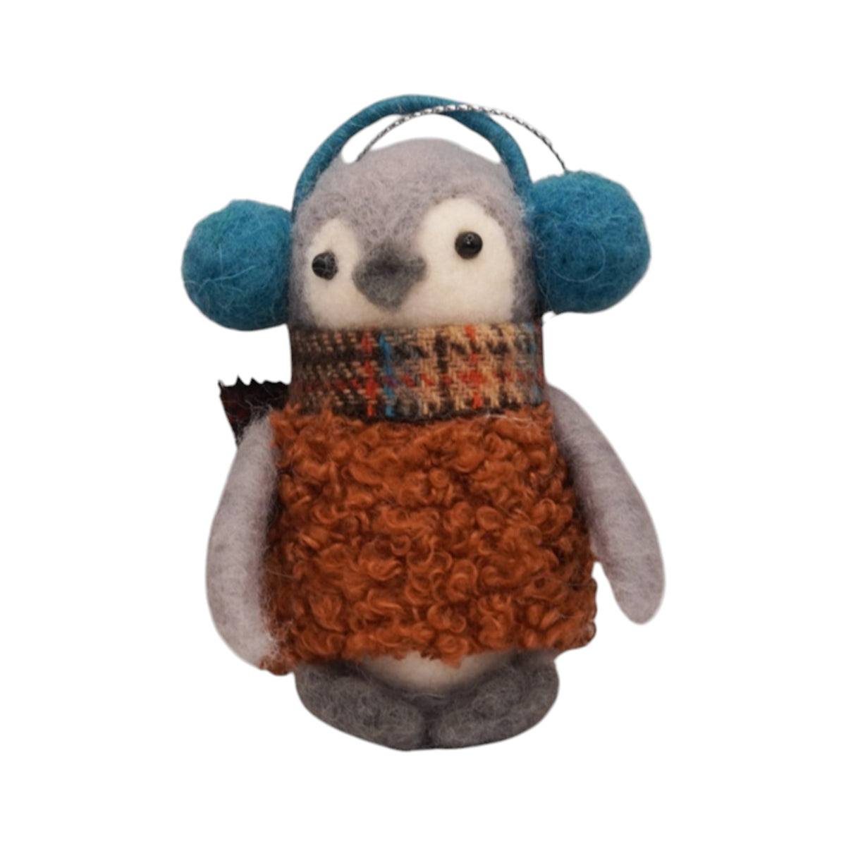 Boy Penguin With Teal Earmuffs & Boucle Brown Sweater Ornament - Huddle of Penguins Collection