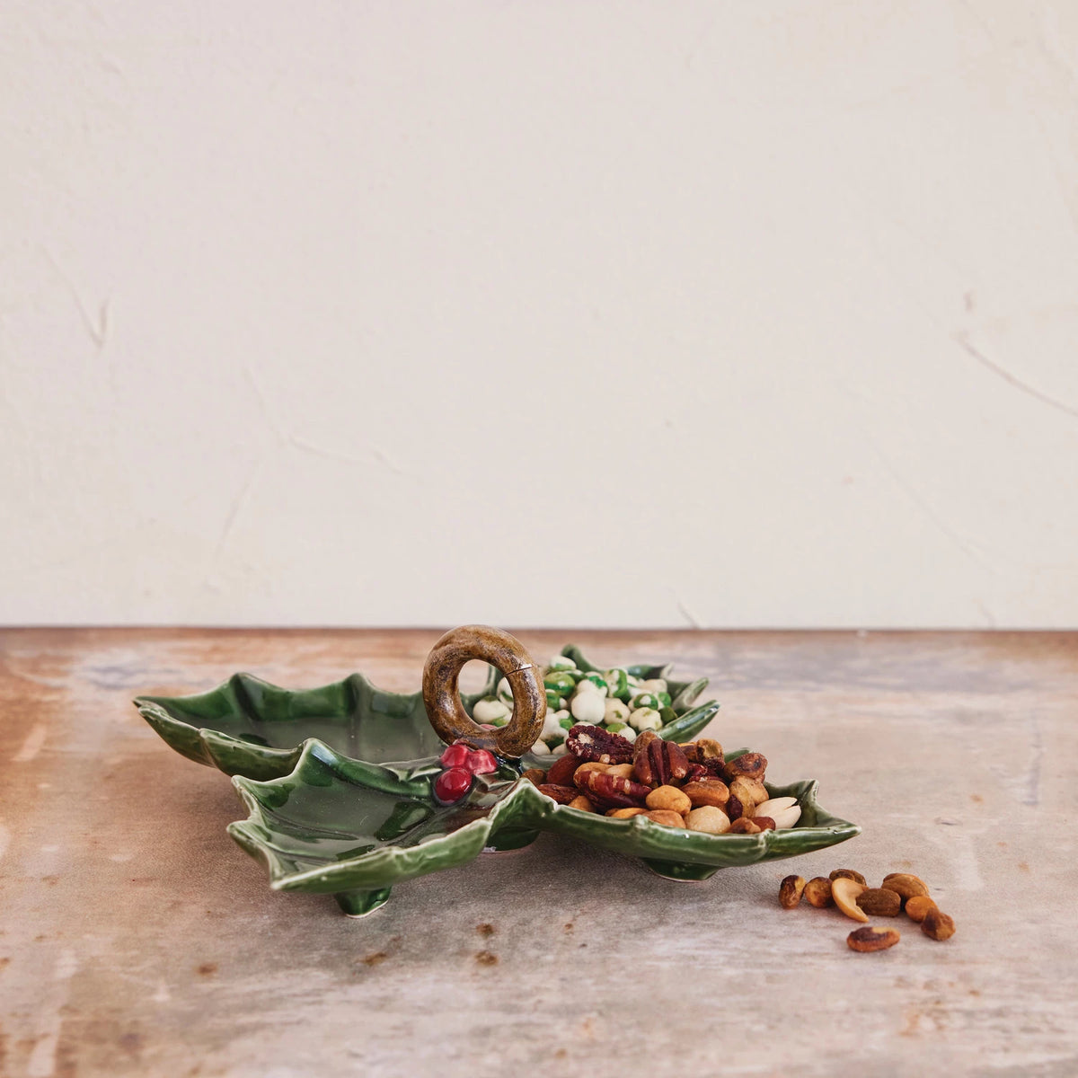 Ceramic Holly Leaf Shaped Dish w  Sections & Handle