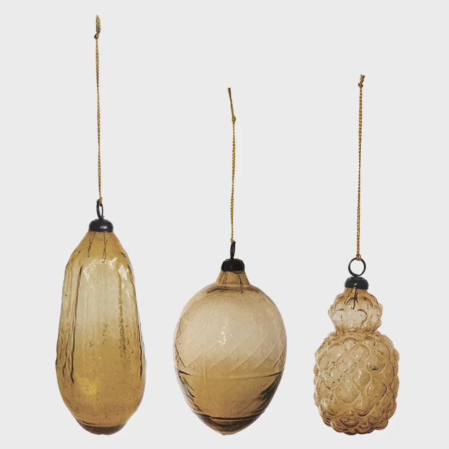 Amber Hand-Blown Glass Ornament - 3 Styles