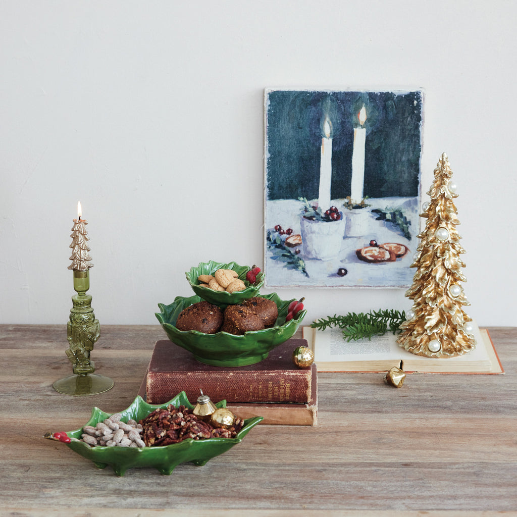Hand-Painted Holly Leaves Shaped Bowl w Berries