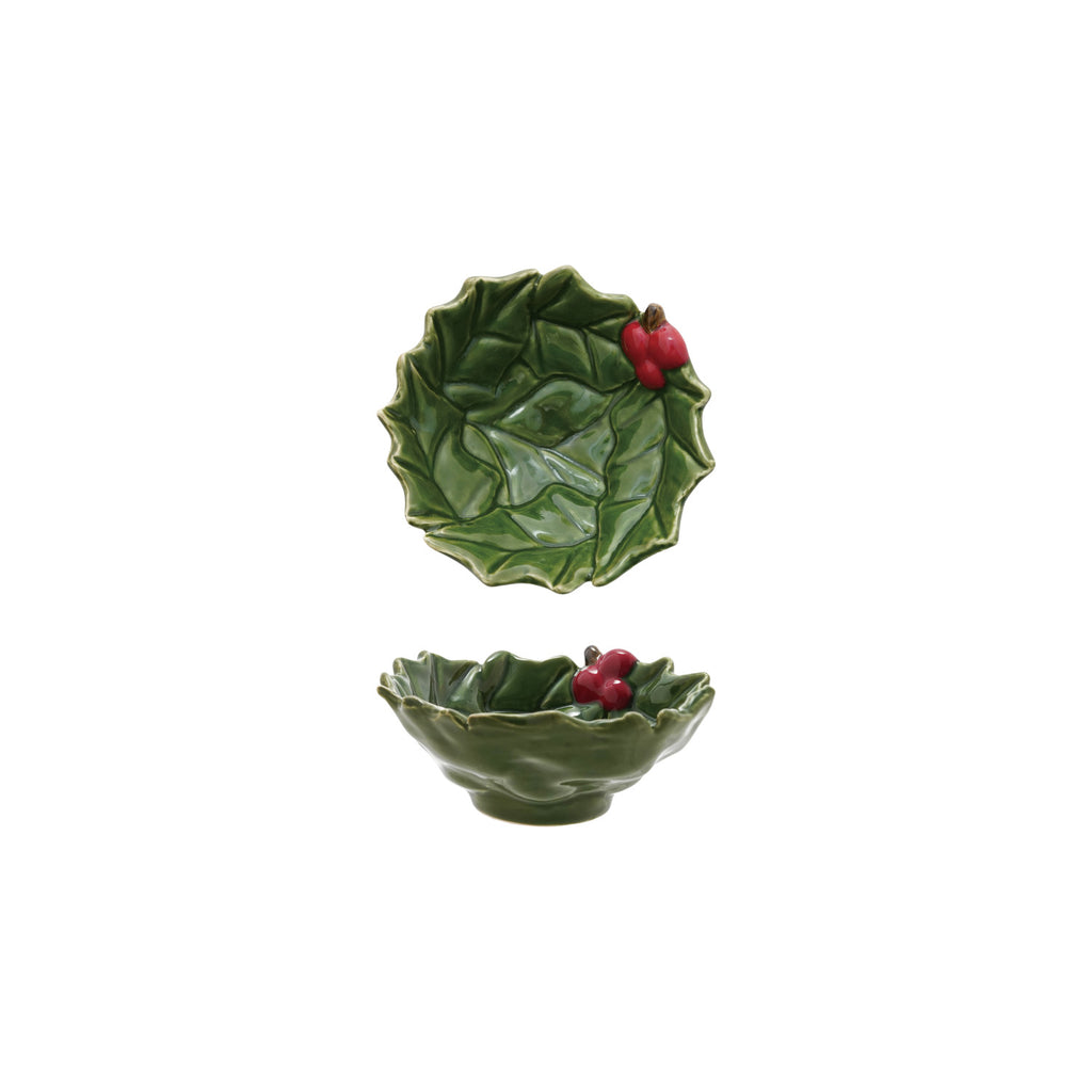 Hand-Painted Holly Leaves Shaped Bowl w Berries
