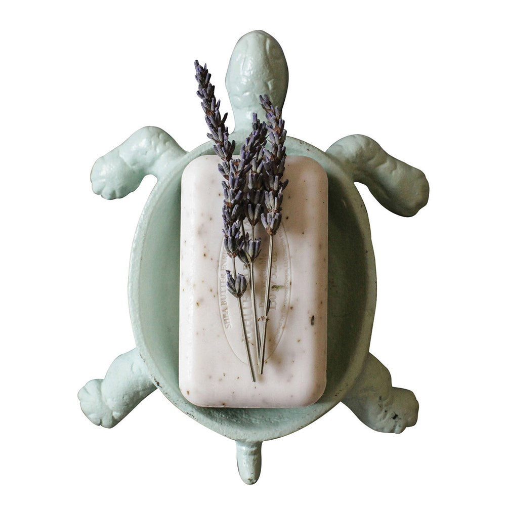 Cast Iron Turtle Soap Dish, Distressed Aqua 6"L